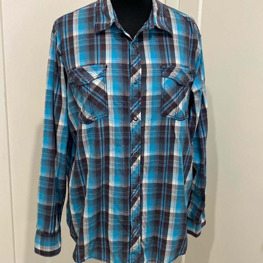 Skully Western Snap Up Teal Black Plaid Cowboy Ranch Shirt, Roll Tabs |Size XL